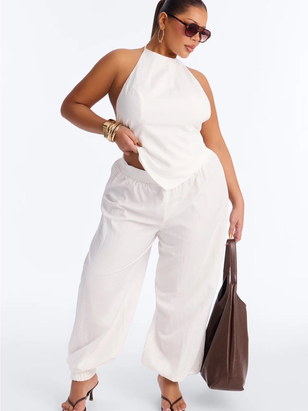 Fashion Nova White Halter Neck Jumpsuit Pants - Wide Leg Track Jogger